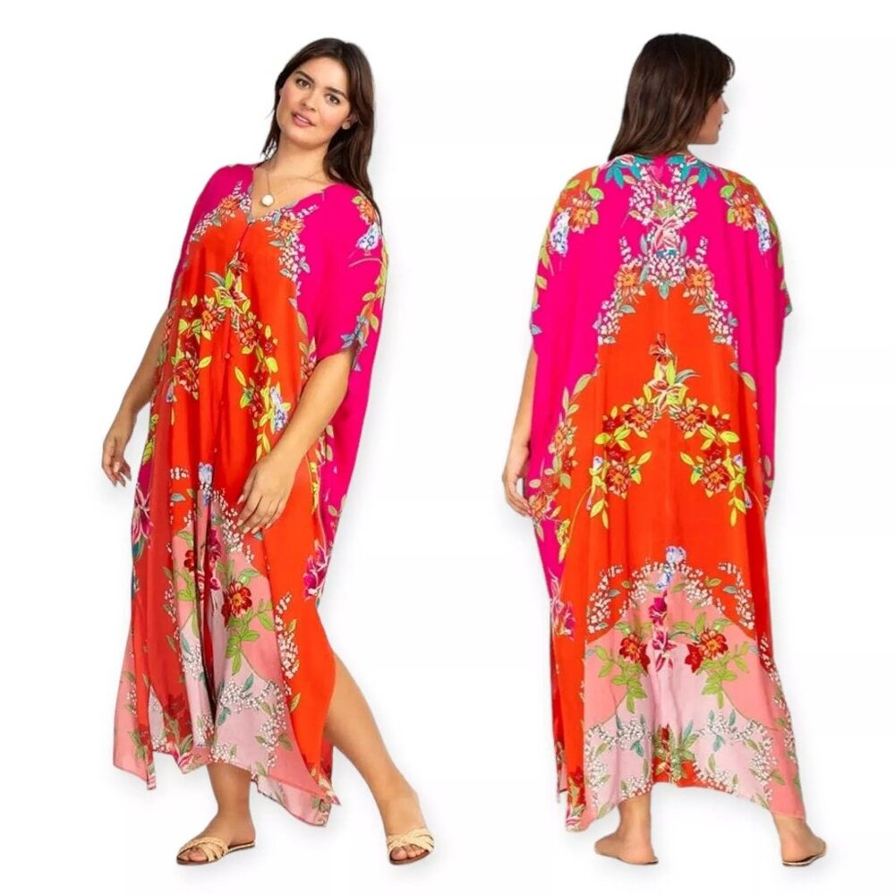 Johnny Was Nanya V-Neck Maxi Kaftan in Floral Multi Size S/M